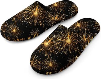Generic Firework Happy New Year Flannel Mens Slip-on Slippers Winter Warm House Shoes with Rubber Sole for Home Hotel