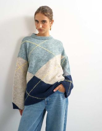 Topshop maglione lavorato a maglia con motivo argyle multicolore