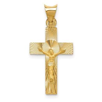 Diamond2Deal 14k Yellow Gold Polished Satin and Diamond-Cut Crucifix Pendant