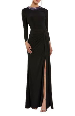 Mac Duggal Long Sleeve Jersey Ruched Gown With Beaded Neck in Black at Nordstrom, Size X-Small