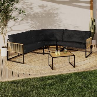 IDMarket Conjunto De Muebles Bajos De Jard&iacute;n Rio De 6 Plazas Con Estructura De Metal Y Cordaje Efecto Rat&aacute;n Y Cojines Negros
