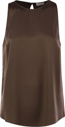 Brunello Cucinelli Brunello Cucinelli Womens Stretch Silk Satin Top With Jewellery - Dark Brown - Size Small