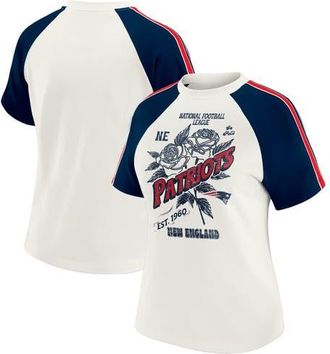 WEAR by Erin Andrews Womens WEAR by Erin Andrews White New England Patriots Sleeve Stripe Distressed Raglan T-Shirt at Nordstrom, Size Xx-Large