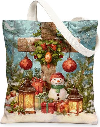 Generic Winter Snow Man Canvas Tote Bags, Floral Pattern Reusable Grocery Bags, Rustic Lightweight Washable Shoulder Strap for Travel Beach Picnic 13x15 Inch