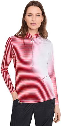 Jamie Sadock Sunsense Gradient Stripe Mock Neck 1/4 Zip Long Sleeve Top Womens Clothing Red : SM, Polyester/Spandex