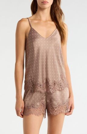 Nordstrom Lace Trim Satin Shortie Pajamas in Brown- Ivory Pin Dot at Nordstrom, Size X-Large