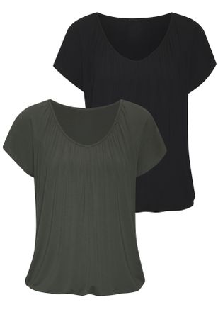 Lascana Kurzarmshirt LASCANA, Damen, Gr. 32/34, gr&uuml;n (graugr&uuml;n, schwarz), Jersey, Obermaterial: 95% Viskose (LENZING ECOVERO), 5% Elasthan, unifarben, Basic, 