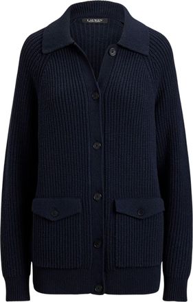 Ralph Lauren Rib-Knit Cardigan with Collared Neckline and Flap Pockets