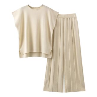 Generic 2 Piece Outfits Co Ord Sets for Women Sweater Sets LoungeSilk Feel Oversized Casual Short Sleeve Knit Pullover Oversized T Shirts Tops Wide Leg Pants 