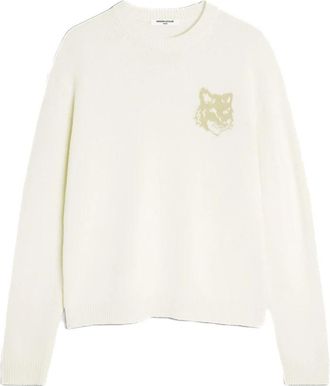 Maison Kitsun&eacute; Maglia girocollo in lana merino con ricamo fox grande - Heren - Ronde hals truien - Beige - L - Wol - Truien & Vesten