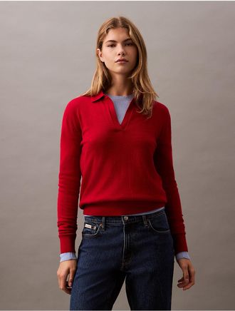 Calvin Klein Womens Extra Fine Merino Blend Polo Sweater - Red - XS