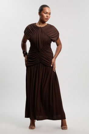 Karen Millen Womens Plus Size Premium Ruched Jersey Maxi Dress - Chocolate - Size X-Large