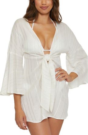 BECCA by Rebecca Virtue Radiance Metallic Stripe Long Sleeve Cover-Up Tunic in White at Nordstrom, Size Medium