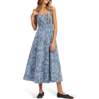 En Saison Opal Embroidered Floral Denim Midi Dress in Medium Wash Denim at Nordstrom, Size X-Small