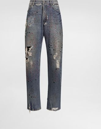 Dolce & Gabbana Denim Trousers With Rhinestones - Man Denim Multi-colored 46
