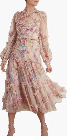 Needle & Thread Floral Diamond Ruffle Ballerina Dress in Topaz Pink at Nordstrom, Size 2