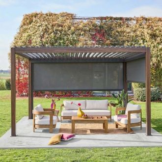 Sweeek P&eacute;rgola bioclim&aacute;tica 3x4m + 2 toldos verticales de 3m y 4m, madera