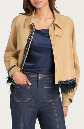 Cinq &agrave; Sept Carmila Sequin & Feather Detail Crop Trench Coat in Khaki/Navy at Nordstrom, Size X-Small