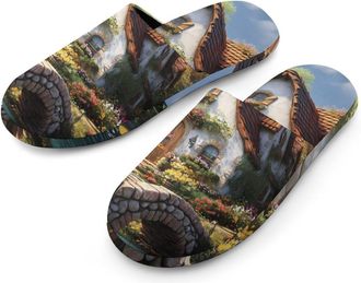 Generic Old Waterway Cottage Mens Slippers Flannel Warm House Shoes with Rubber Anti-Slip Sole Slip On for Home Outdoor