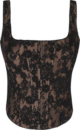 Self Portrait Black Fitted Intricate Lace Overlay Corset Top