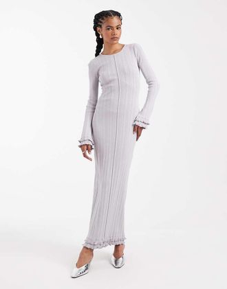 4th & Reckless Vestito lungo a maniche lunghe in maglia a coste grigio con orlo smerlato