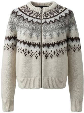 Closed Cropped Zip-Front Patterned Yoke Knit Sweater