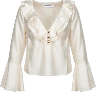 Self Portrait Satijnen Top met Uitlopende Mouwen - Dames - Blouses - Beige - M - Satijn - Overhemden