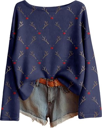 Generic Christmas Womens Jumpers Winter Long Sleeve Knitted Jumper Cowl Neck Ugly Xmas Sweater Warm Chunky Baggy Jumpers for Women Knitwear Winter Top(Navy, S