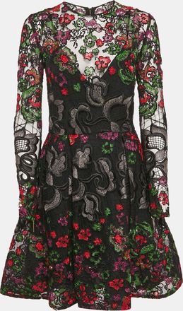 Elie Saab Black Floral Embroidered Tulle Flared Short Dress