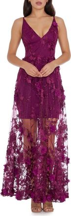 Dress The Population Sidney Deep V-Neck 3D Lace Gown in Dark Magenta at Nordstrom, Size Xx-Small
