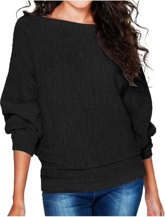 Generic Loose T Shirts for Women Boat Neck Long Batwing Sleeve Blouse Tops Plus Size Casual Knitted Tunic Tops Classic Baggy Comfy Shirts Solid Color Todays O