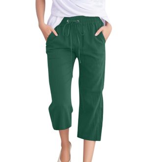 Generic Linen Cropped Trousers Womens 3/4 Short Leg Petite Wide Leg Trousers with Elasticated Waist Capri Pants Casual Solid Color Summer Loose Fit Beach Pant