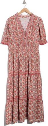 Max Studio Short Sleeve Tiered Maxi Dress in Claret/Cream Paisley at Nordstrom Rack, Size 1X
