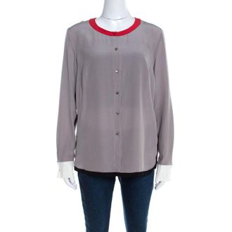 Escada Pewter Grey Silk Contrast Trim Long Sleeve Nendi Blouse