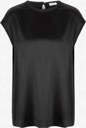 Brunello Cucinelli &Auml;rmelloses Seidensatinstretch-Top mit Monile