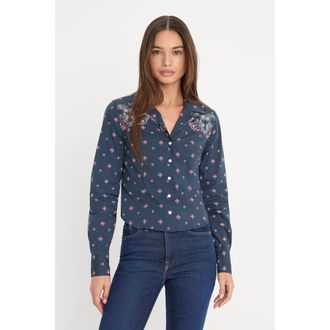 Good American Womens Dolly Tailored Poplin Shirt | New Navy Bandana Print, Size Medium | Good American by Khlo&Egrave; Kardashian