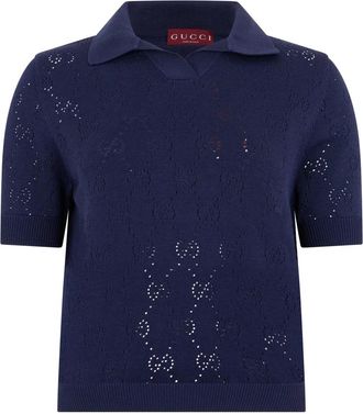 Gucci Cotton Polo Monogram - Dames - Polos - Blauw - M - Katoen - Tops