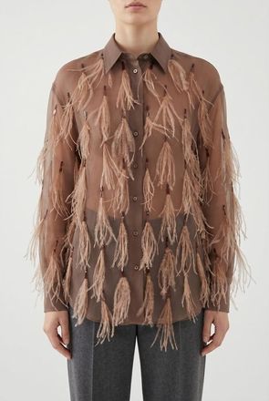 Brunello Cucinelli Brown Silk Feathered Shirt, Size Small