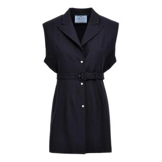 Prada Gilet van Wol met Riem - Dames - Jassen - Blauw - Maat: S Wol