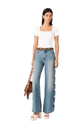 Maje Floral embroidered wide-leg jeans in Blue at Nordstrom, Size 34 Eu