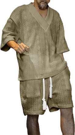 Generic Mens 2 Piece Knitted Set Rolled Short Sleeve Shirts and Shorts Breathable and Comfortable V Collar Shirt Top with Drawstring Elastic Waist Shorts Summ