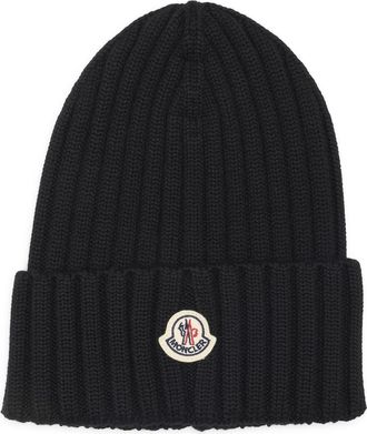 Moncler Logo Patch Rib Wool Beanie in Black at Nordstrom