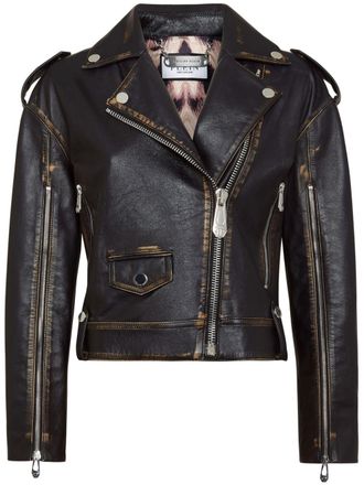Philipp Plein Leren bikerjack met logo - Zwart