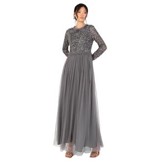 Maya Womens Womens Maxi Dress Ladies Crew Neck Long Sleeve Sequin Embellished Tulle Ruffle for Wedding Guest Bridesmaid Ball Gown Dresses, Charcoal