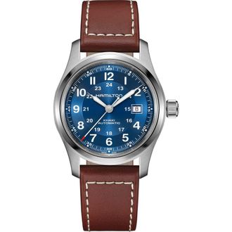 Hamilton Khaki Field Automatic Leather Strap Watch, 42mm in Blue at Nordstrom
