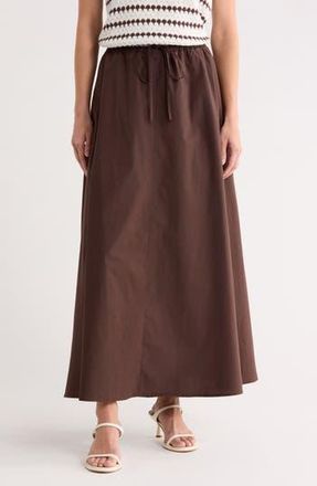 Leith Drawstring Waist Cotton Poplin Maxi Skirt in Brown Seal at Nordstrom Rack, Size Large