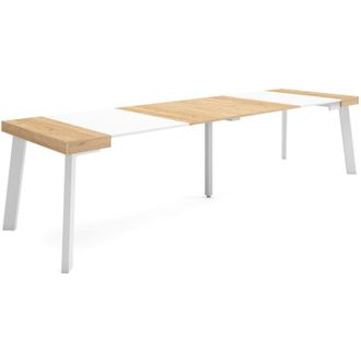 Skraut Home Mesa Consola Extensible, Mesa Comedor Plegable, 300, Para 14 Comensales, Patas De Madera, Estilo Moderno, Roble Y Blanco - Skraut Home
