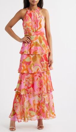 Eliza J Floral Print Tiered Ruffle Sleeveless Maxi Dress in Multi Pink at Nordstrom Rack, Size 12