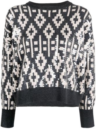Brunello Cucinelli sequin-embellished printed sweatshirt - women - Virgin Wool/Cashmere/Silk/Polyester - S - Grey