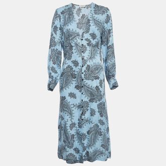 Sandro Blue Printed Silk Blend Button Front Dress